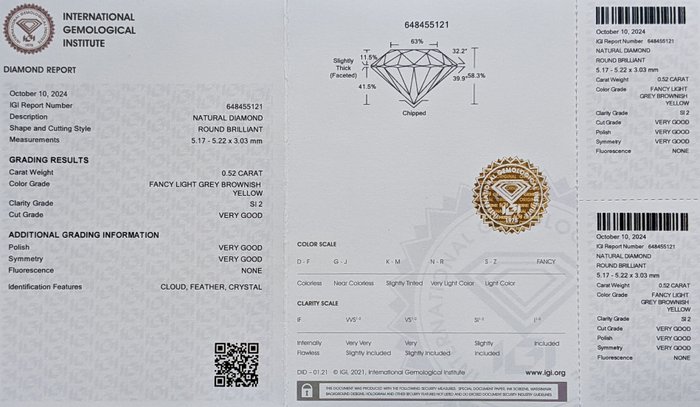 Ingen mindstepris - 1 pcs Diamant  (Naturfarvet)  - 0.52 ct - Rund - Fancy light Brunlig, Grå Gul - SI2 - International Gemological Institute (IGI)