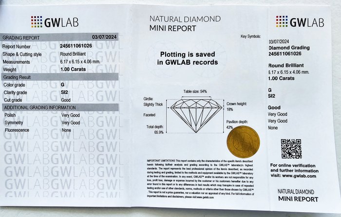 1 pcs Diamant  (Natur)  - 1.00 ct - Rund - G - SI2 - Gemewizard Gemological Laboratory (GWLab)