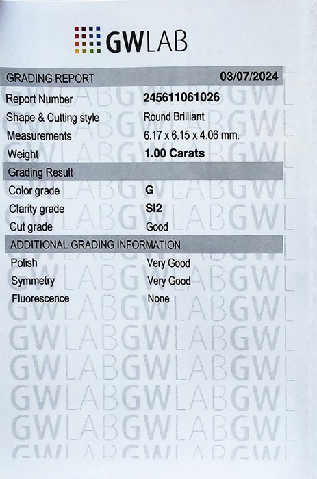 1 pcs Diamant  (Natur)  - 1.00 ct - Rund - G - SI2 - Gemewizard Gemological Laboratory (GWLab)