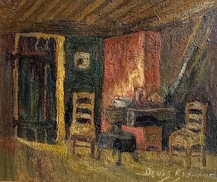 Ecole française (XX), signé Denis Brunaud - Intérieur - Une cuisine flamande