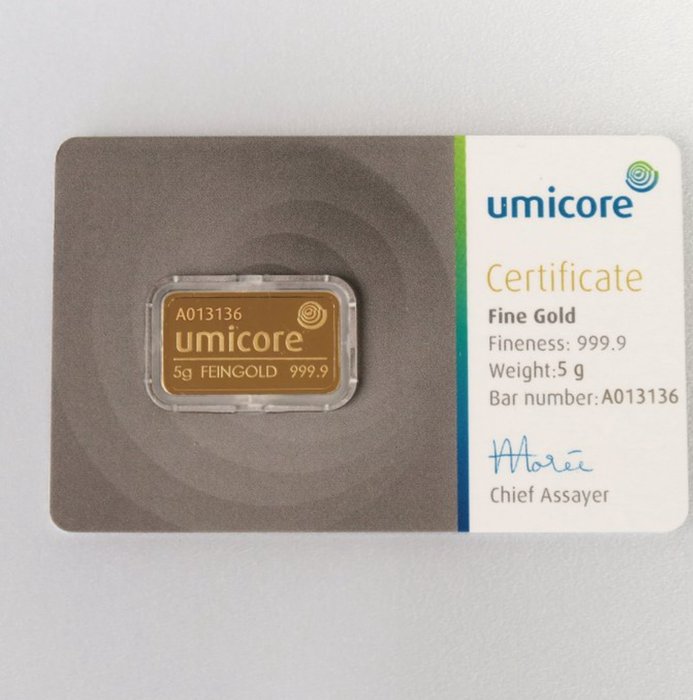 5 gram - Guld 999 - Umicore, Belgium - Forseglet  Med certifikat  (Ingen mindstepris)