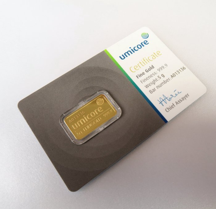 5 gram - Guld 999 - Umicore, Belgium - Forseglet  Med certifikat  (Ingen mindstepris)