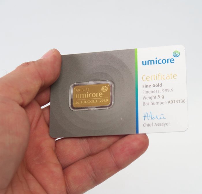 5 gram - Guld 999 - Umicore, Belgium - Forseglet  Med certifikat  (Ingen mindstepris)