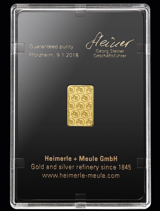 2,5 gram - Guld 999 - Deutschland Heimerle + Meule Goldbarren mit Box - Forseglet