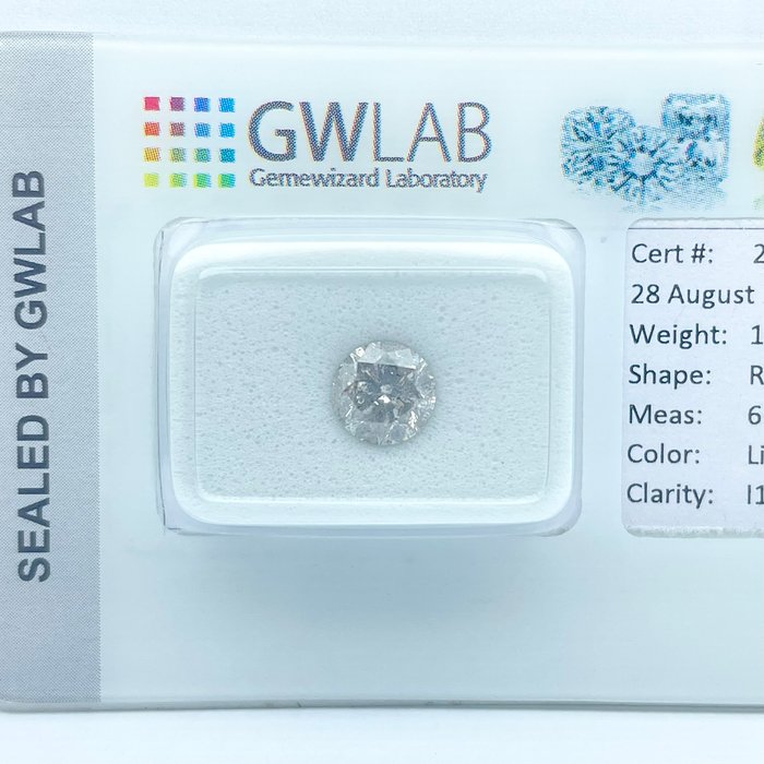 Ingen mindstepris - 1 pcs Diamant  (Naturfarvet)  - 1.01 ct - Rund - Light Grå - I1 - Gemewizard Gemological Laboratory (GWLab)