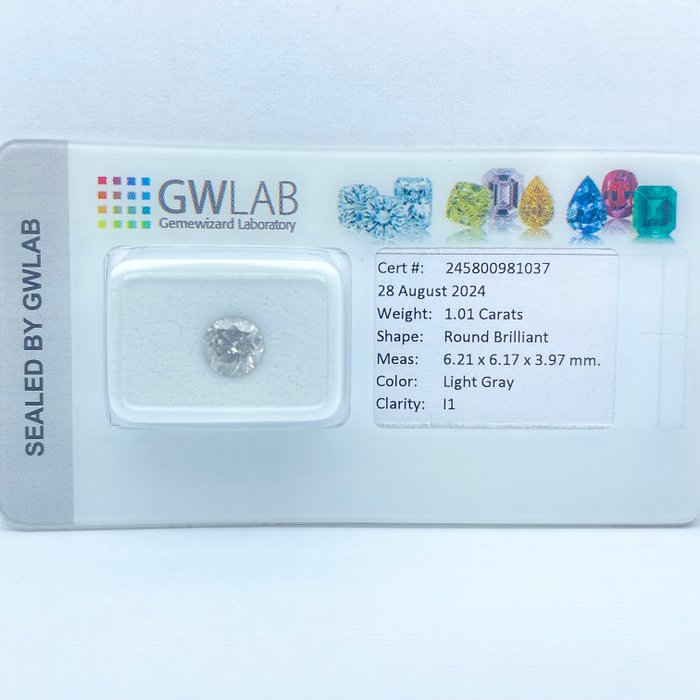 Ingen mindstepris - 1 pcs Diamant  (Naturfarvet)  - 1.01 ct - Rund - Light Grå - I1 - Gemewizard Gemological Laboratory (GWLab)