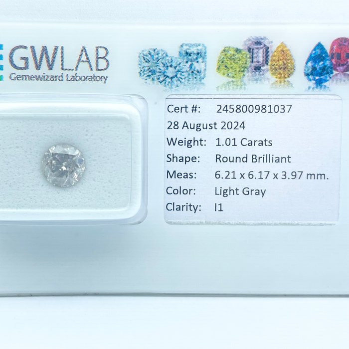 Ingen mindstepris - 1 pcs Diamant  (Naturfarvet)  - 1.01 ct - Rund - Light Grå - I1 - Gemewizard Gemological Laboratory (GWLab)