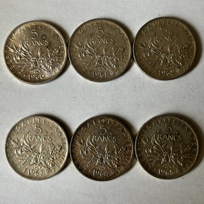 Frankrig. 5 Francs 1960 à 1965 Semeuse (lot de 6 monnaies en argent)  (Ingen mindstepris)