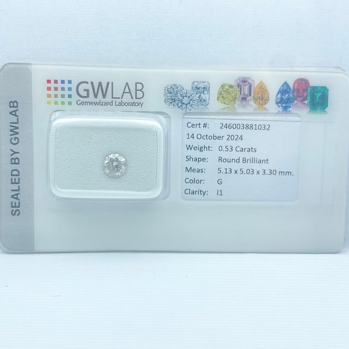 Ingen mindstepris - 1 pcs Diamant  (Natur)  - 0.53 ct - Rund - G - I1 - Gemewizard Gemological Laboratory (GWLab)