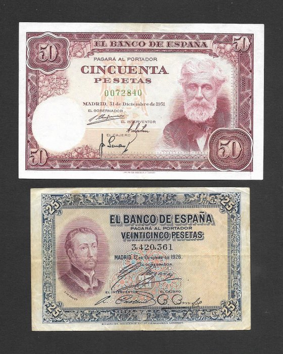 Spanien. - 1 X 25  and 1 X 50 Pesetas 1926-1951  (Ingen mindstepris)