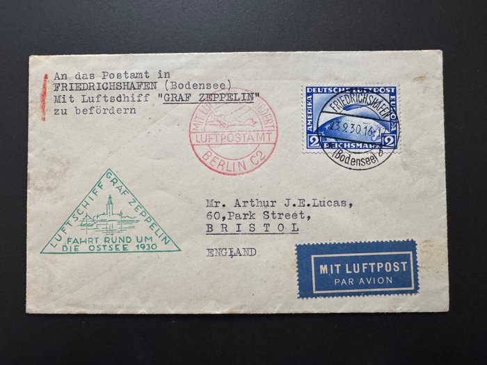 Tyske Kejserrige 1928 - Tysk luftpost 2 Reichsmarks på et brev til England - skal transporteres med luftskibet GRAF ZEPPELIN - 423