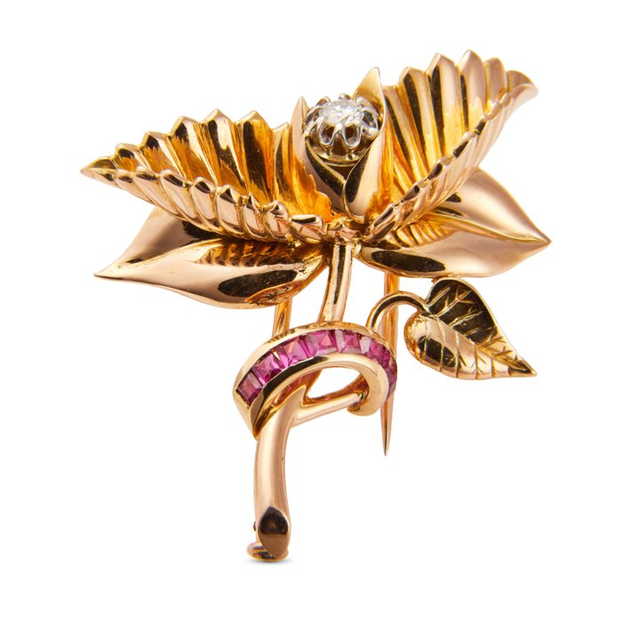 Broche - 18 kraat Gulguld, Hvidguld -  0.33ct. tw. Rubin - Diamant - Blomster unik broche guld