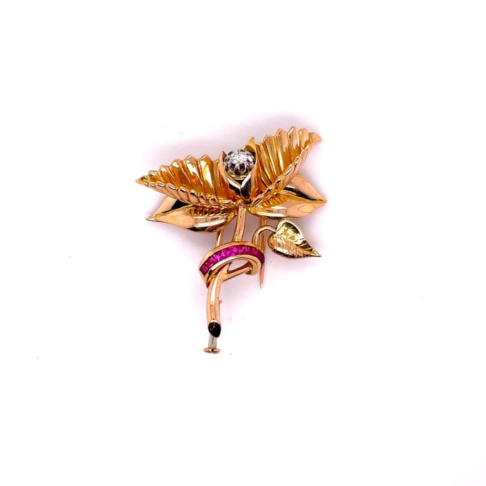 Broche - 18 kraat Gulguld, Hvidguld -  0.33ct. tw. Rubin - Diamant - Blomster unik broche guld