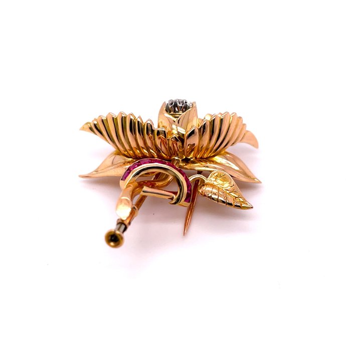 Broche - 18 kraat Gulguld, Hvidguld -  0.33ct. tw. Rubin - Diamant - Blomster unik broche guld