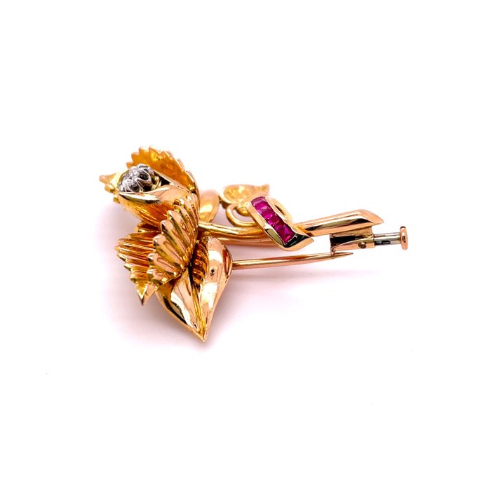 Broche - 18 kraat Gulguld, Hvidguld -  0.33ct. tw. Rubin - Diamant - Blomster unik broche guld