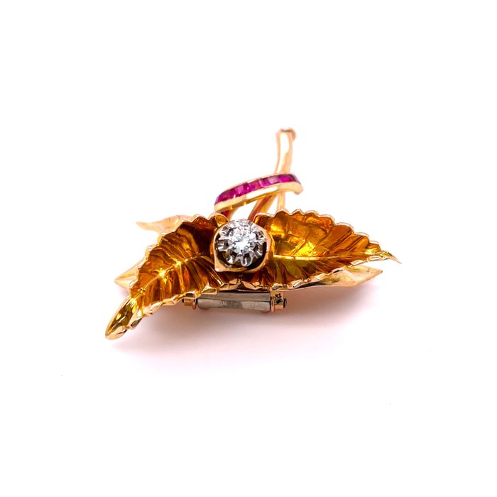 Broche - 18 kraat Gulguld, Hvidguld -  0.33ct. tw. Rubin - Diamant - Blomster unik broche guld