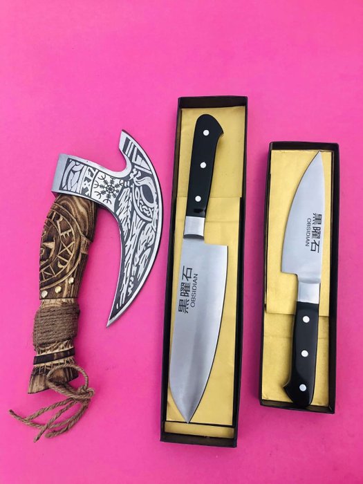 Obsidian - Køkkenkniv - Kitchen knife set -  Mytologi inspireret kunstnerdesignet pizzaskærer med japansk udformede flagskibsmodel kokkeknive - Specialiseret Shirogami stål - Japan