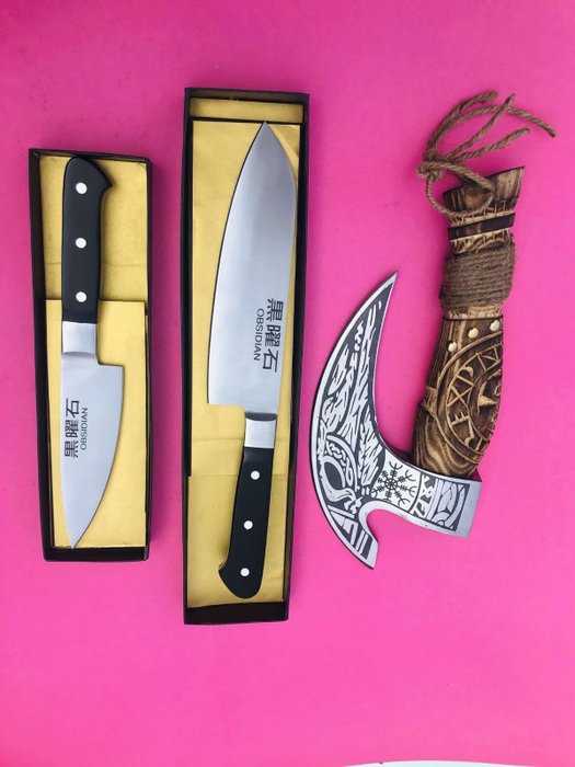 Obsidian - Køkkenkniv - Kitchen knife set -  Mytologi inspireret kunstnerdesignet pizzaskærer med japansk udformede flagskibsmodel kokkeknive - Specialiseret Shirogami stål - Japan