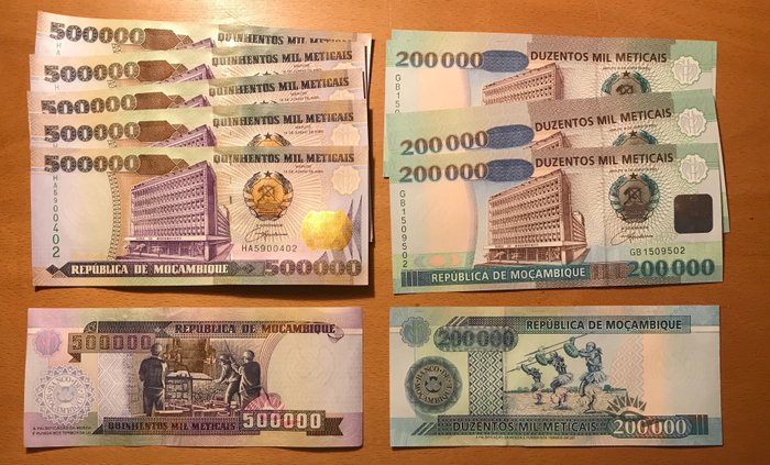 Mozambique. - 10 x 50000, 100000, 200000, 500000 Metical 1993, 1999, 2003 (40 banknotes) - Pick 138, 139, 141, 142  (Ingen mindstepris)