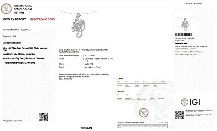 Halskæde med vedhæng - 18 kraat Hvidguld -  273ct tw Diamant (Natur)