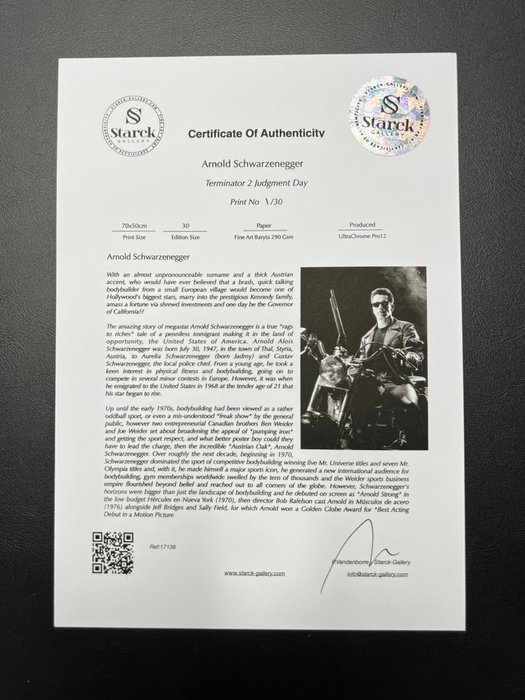 Terminator 2 Judgment Day - Arnold Schwarzenegger as "The Terminator" - Fine Art Photography - Luxury Wooden Framed 70X50 cm - Limited Edition Nr 06 of 50 - Serial ID 17138 - Original Certificate (COA), Hologram Logo Editor and QR Code - 100% New items.