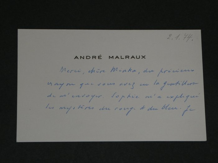 André Malraux - Carte lettre autographe signée adressée à Minna Caroline (Minka) von Rothschild - 1974