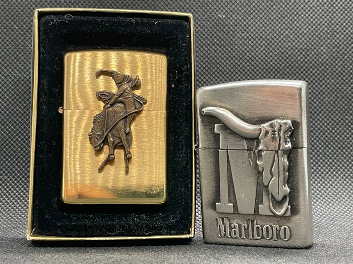 Zippo - Zippo Marlboro Bronco Flat Bottomz - Lighter - Messing, Chrome -