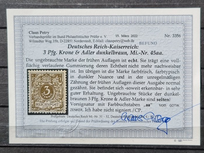 Tyske Kejserrige  - German Empire Krone/Adler 45aa ubrugt med fotobefund - 45aa