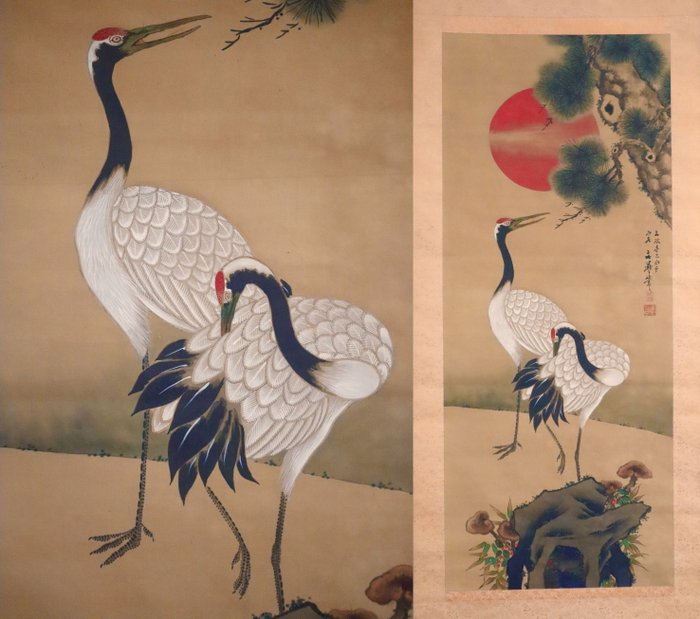 Rising Sun and Old Pine - 2 Cranes - Hanging Scroll - After Tani Buncho 谷文晁（1763 -1841） - Japan - Meiji-perioden (1868-1912)  (Ingen mindstepris)