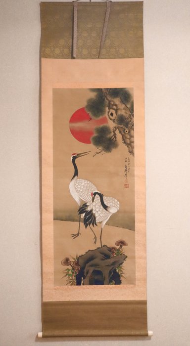 Rising Sun and Old Pine - 2 Cranes - Hanging Scroll - After Tani Buncho 谷文晁（1763 -1841） - Japan - Meiji-perioden (1868-1912)  (Ingen mindstepris)