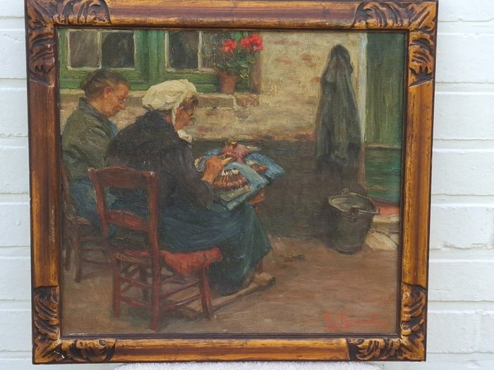 Emile Rommeleare (1873-1961) - Twee kantklossers bij Brugse woning