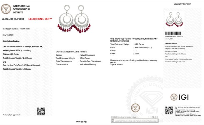 Øreringe - 18 kraat Hvidguld -  16.26ct. tw. Rubin - Diamant