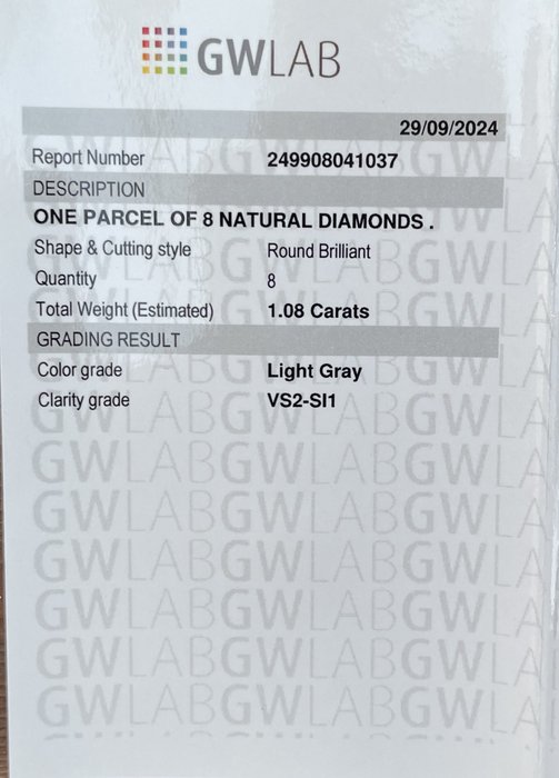 Ingen mindstepris - 8 pcs Diamant  (Natur)  - 1.08 ct - Rund - SI1, VS2 - Gemewizard Gemological Laboratory (GWLab) - lysegrå