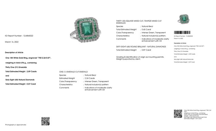 Cocktailring - 18 kraat Hvidguld -  3.76ct. tw. Smaragd - Diamant