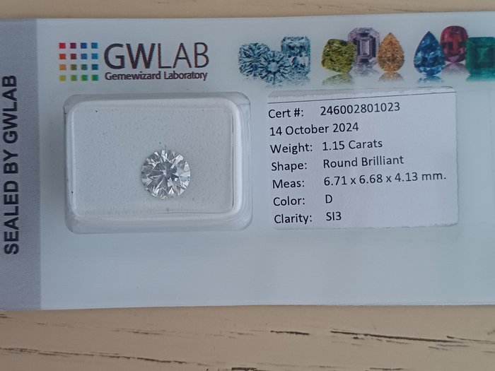 Ingen mindstepris - 1 pcs Diamant  (Natur)  - 1.15 ct - Rund - D (farveløs) - SI3 - Gemewizard Gemological Laboratory (GWLab)