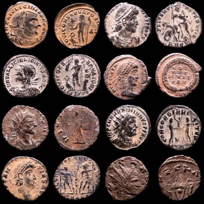 Romarriket. Lot comprising eight (8) AE coins:  Antoninianus, Follis, Maiorinas. Antoninianus, Follis, Maiorinas. Licinius I, Constantius II (3), Licinius II, Maximianus, Claudius II (2)  (Ingen mindstepris)