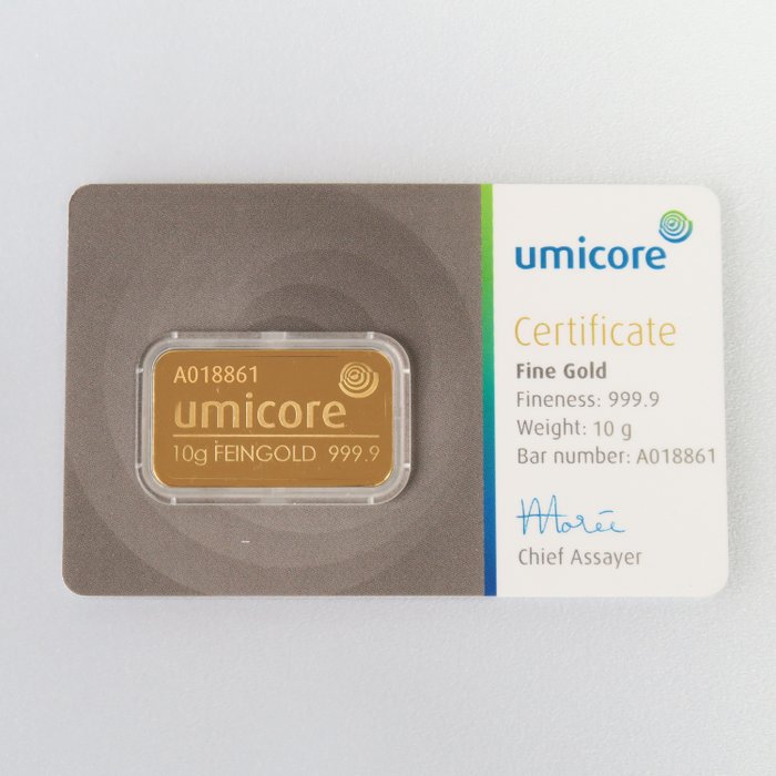 10 gram - Guld 999 - Umicore, Belgium - Forseglet  Med certifikat