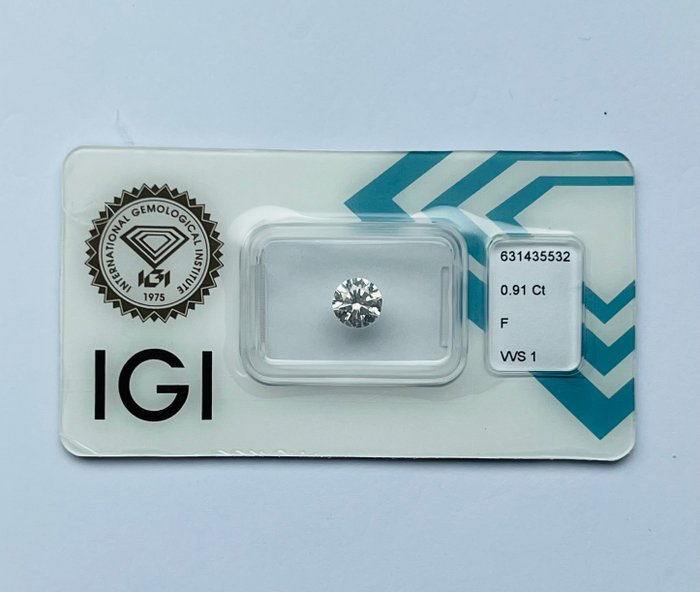 1 pcs Diamant  (Natur)  - 0.91 ct - Rund - F - VVS1 - International Gemological Institute (IGI) - Ex Ex Ex Ingen