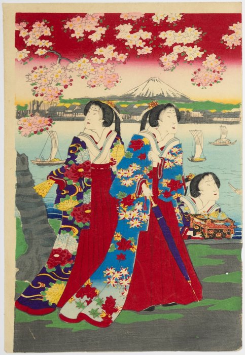 'The Imperial Family Enjoying Cherry Blossoms at Sumida River' 皇帝宮様隅田川櫻花御遊覧之圖 - Fusatane Utagawa (1854-1889) - Japan -  Meiji-perioden (1868-1912)