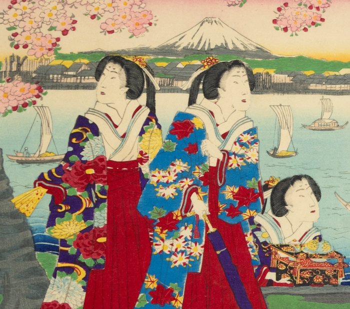 'The Imperial Family Enjoying Cherry Blossoms at Sumida River' 皇帝宮様隅田川櫻花御遊覧之圖 - Fusatane Utagawa (1854-1889) - Japan -  Meiji-perioden (1868-1912)