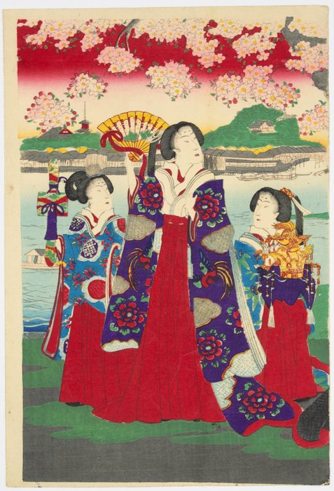 'The Imperial Family Enjoying Cherry Blossoms at Sumida River' 皇帝宮様隅田川櫻花御遊覧之圖 - Fusatane Utagawa (1854-1889) - Japan -  Meiji-perioden (1868-1912)