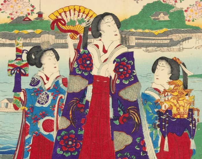 'The Imperial Family Enjoying Cherry Blossoms at Sumida River' 皇帝宮様隅田川櫻花御遊覧之圖 - Fusatane Utagawa (1854-1889) - Japan -  Meiji-perioden (1868-1912)