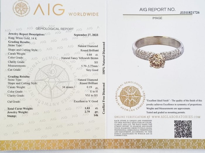 Forlovelsesring - 14 karat Hvidguld -  1.03ct. tw. Blandet gul Diamant (Naturfarvet)