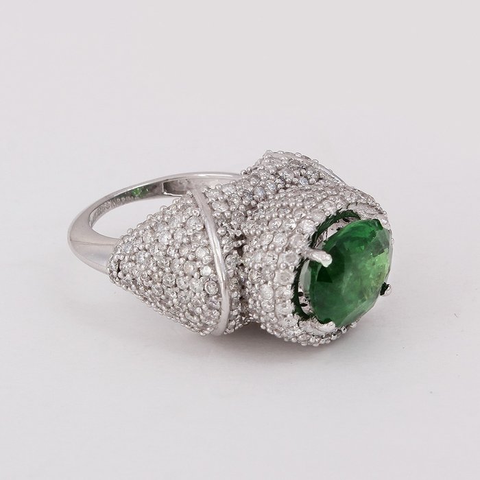 Cocktailring - 14 karat Hvidguld -  10.69ct. tw. Tsavorit - Diamant - Tsavorite diamantring