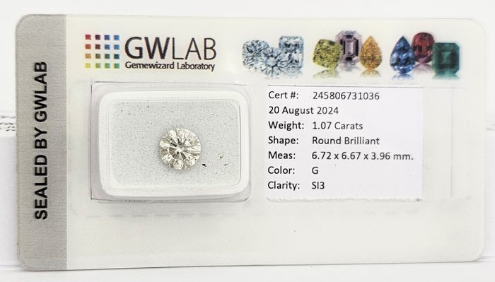 1 pcs Diamant  (Natur)  - 107 ct - Rund - G - SI3 - Gemewizard Gemological Laboratory (GWLab)