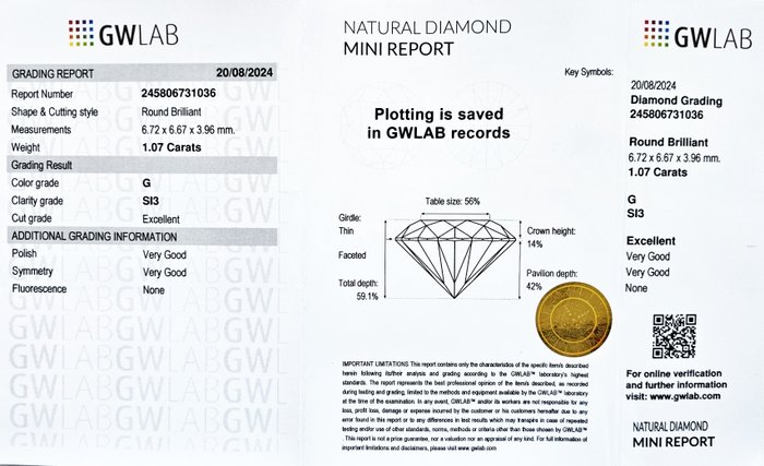 1 pcs Diamant  (Natur)  - 107 ct - Rund - G - SI3 - Gemewizard Gemological Laboratory (GWLab)