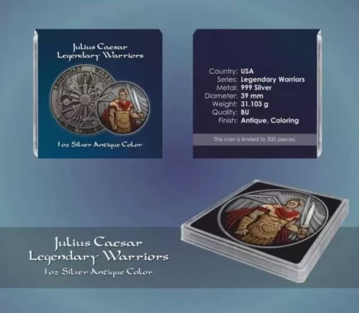 Verden. Silver medal ND Legendary Warriors - Julius Caesar Colorized, 1 Oz (.999)  (Ingen mindstepris)