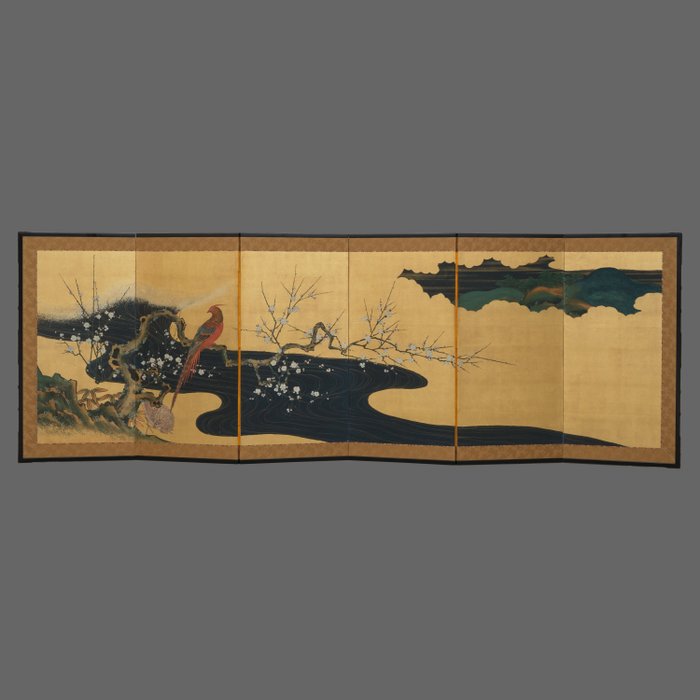 Byôbu 屏風 (foldeskærm) - Silke, Bladguld, Lakeret træ - Japan - Meiji-perioden (1868-1912)