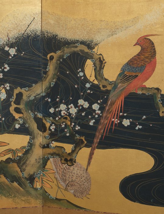 Byôbu 屏風 (foldeskærm) - Silke, Bladguld, Lakeret træ - Japan - Meiji-perioden (1868-1912)