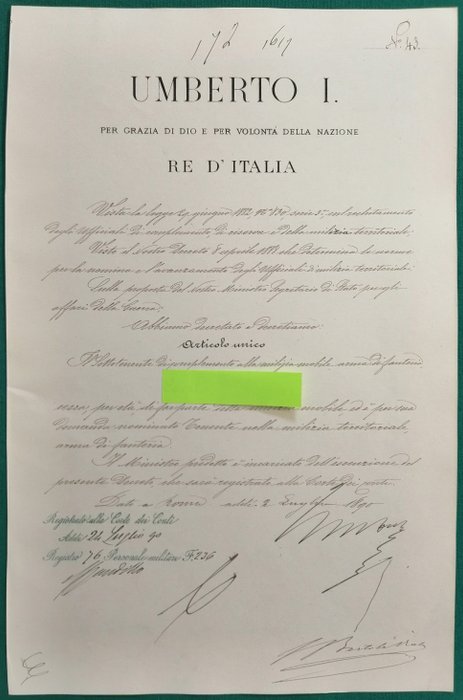 Re Umberto I di Savoia - Decreto - 1890